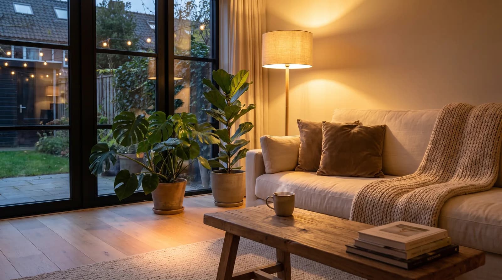 Warme, comfortabele woonkamer met zicht op de tuin